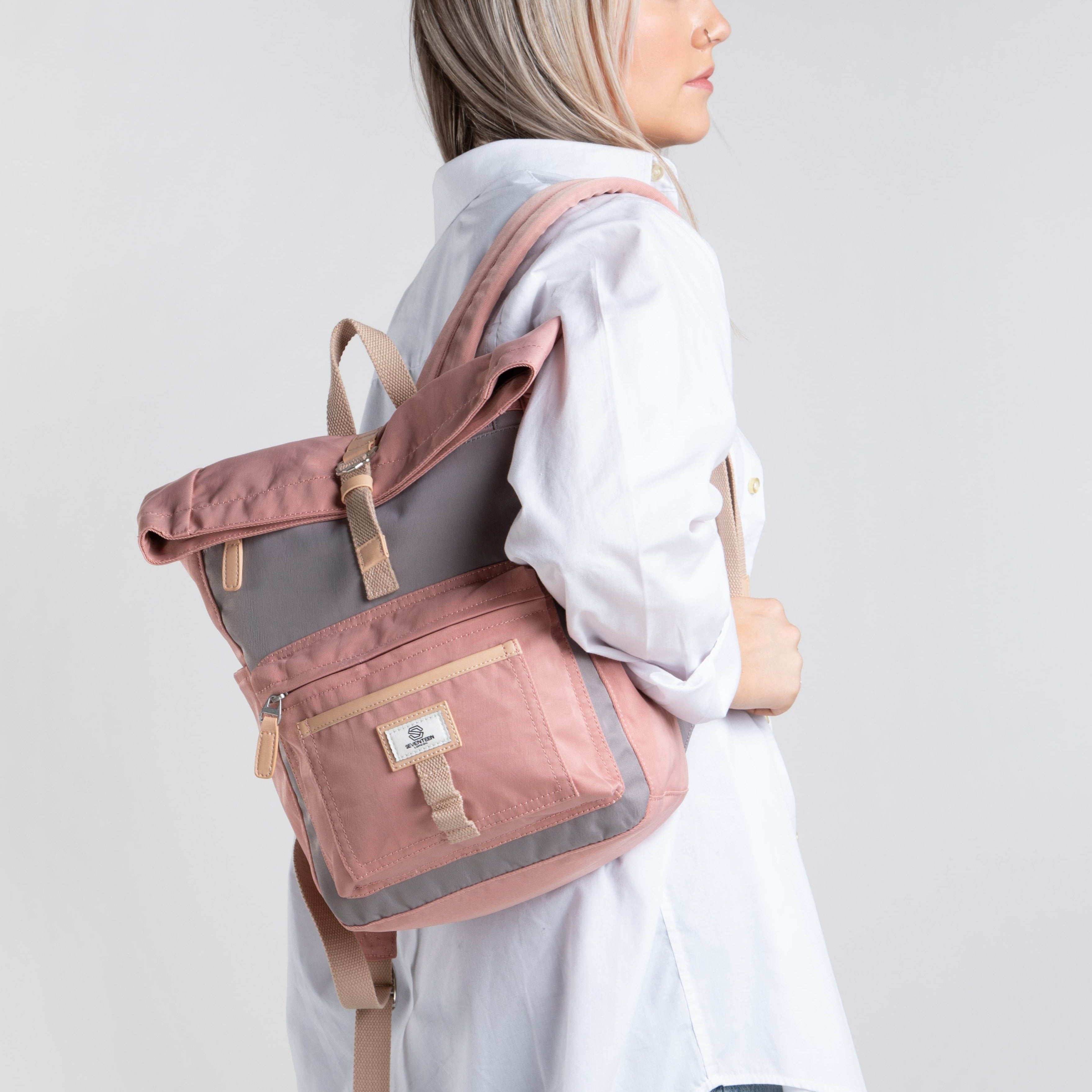 Canary Wharf Mini Backpack - Pink with Grey - Seventeen London