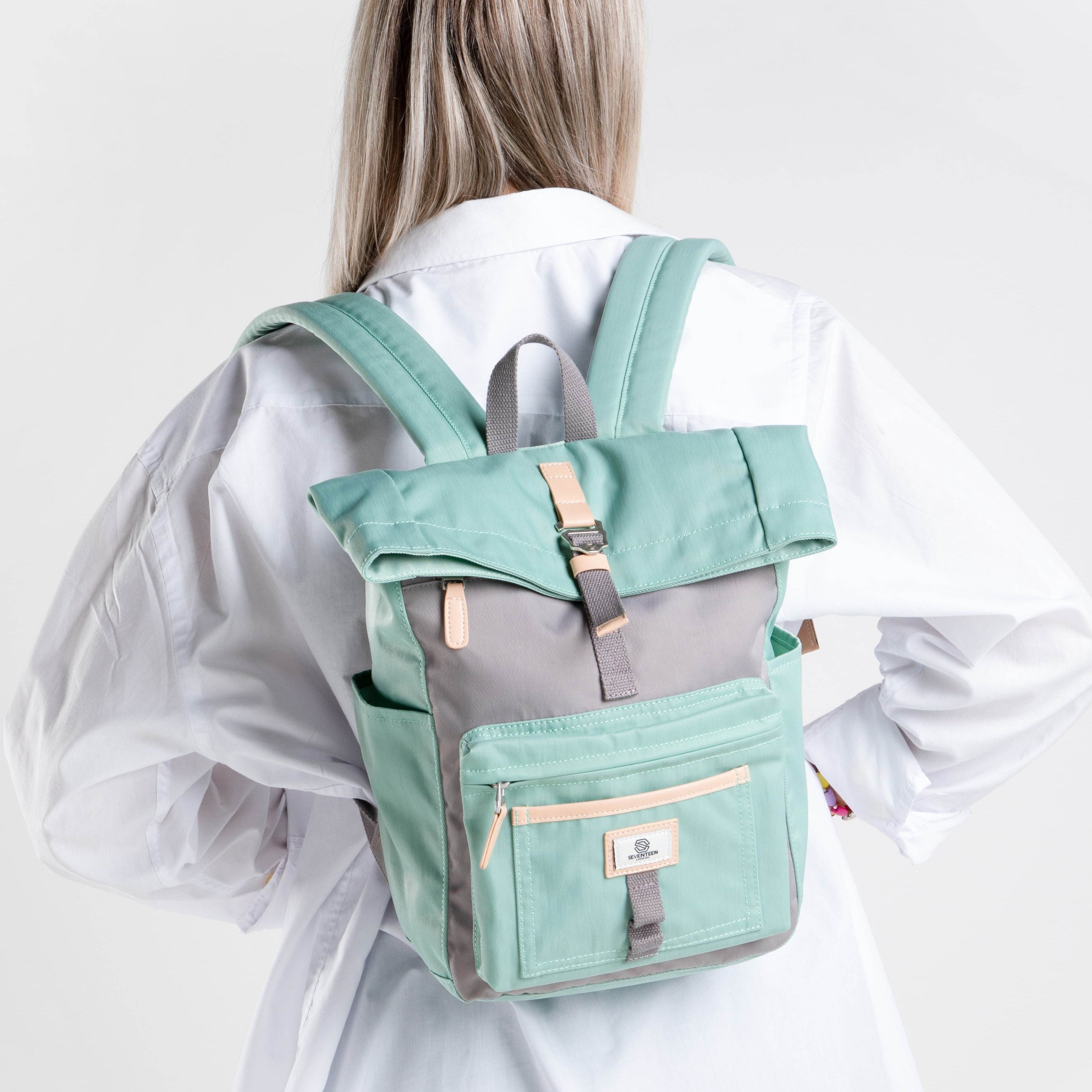 Canary Wharf Mini Backpack - Pastel Green with Grey - Seventeen London