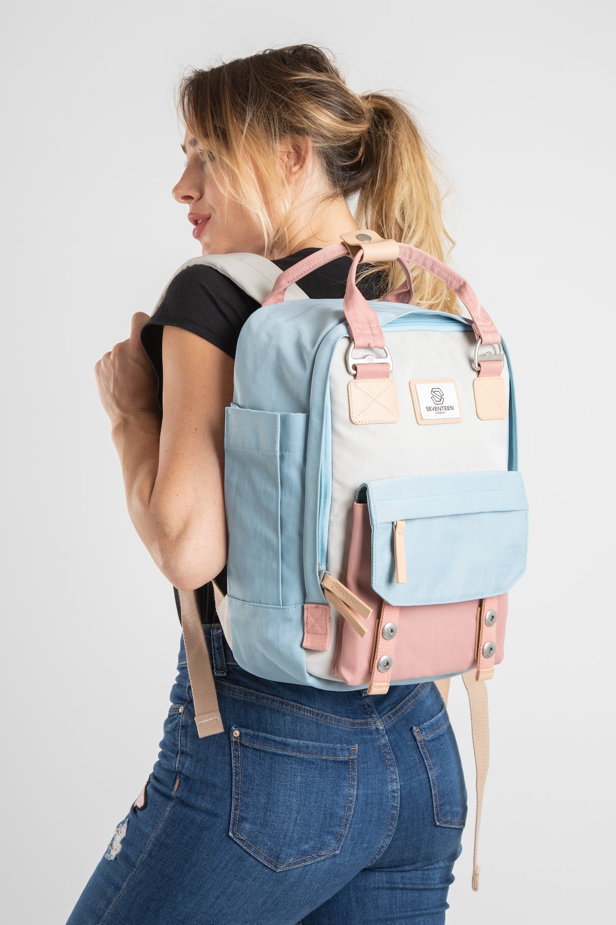 Camden Backpack Cream, Pink & Light Blue - Seventeen London